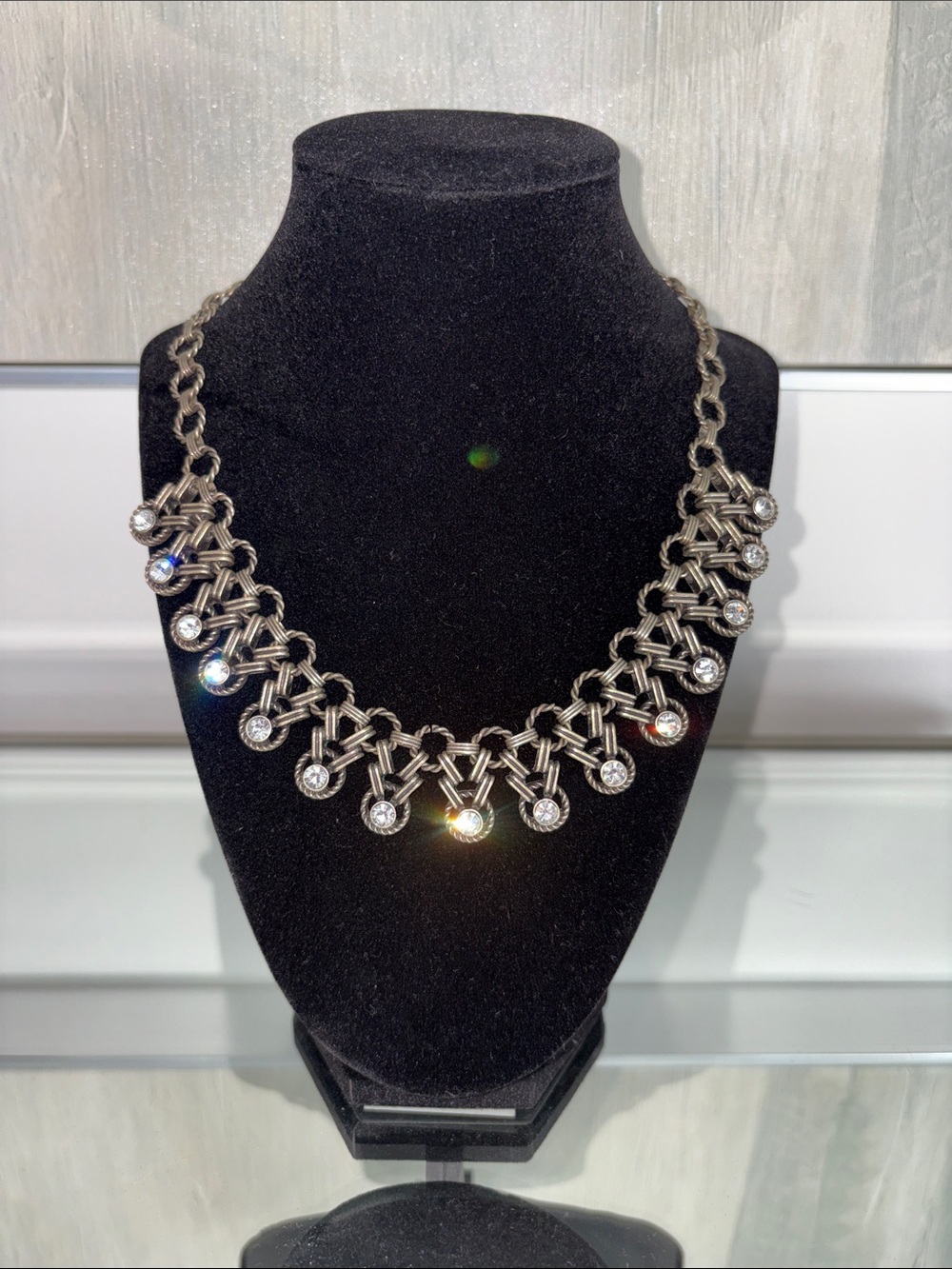 Y2K J. Crew Silver-Tone Crystal Drop Bib Necklace